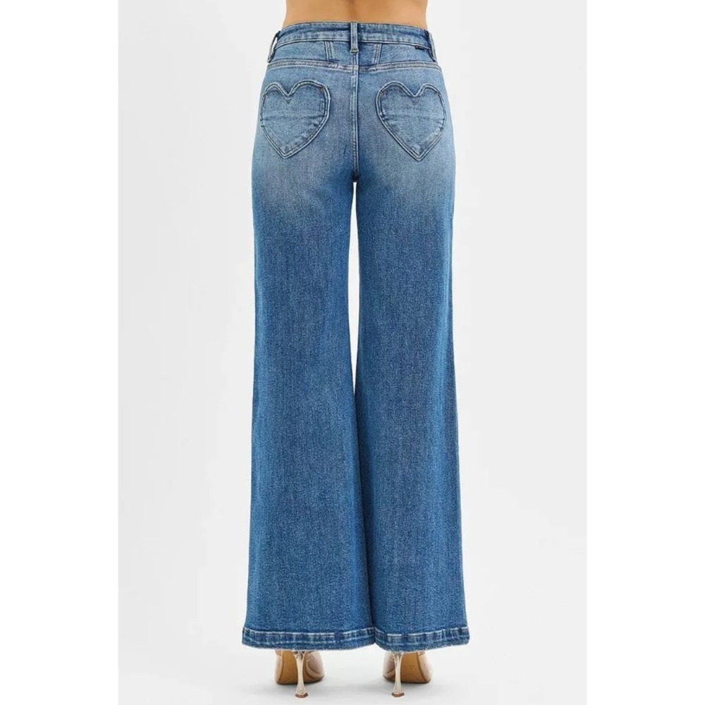 RISEN High Rise Wide Leg Jeans with Heart Back Pockets - Size 29